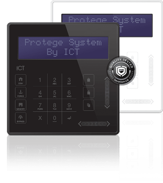 Security keypad with digital display and badge.