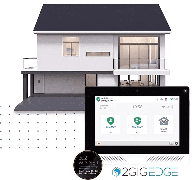 Smart home system displayed with modern house.