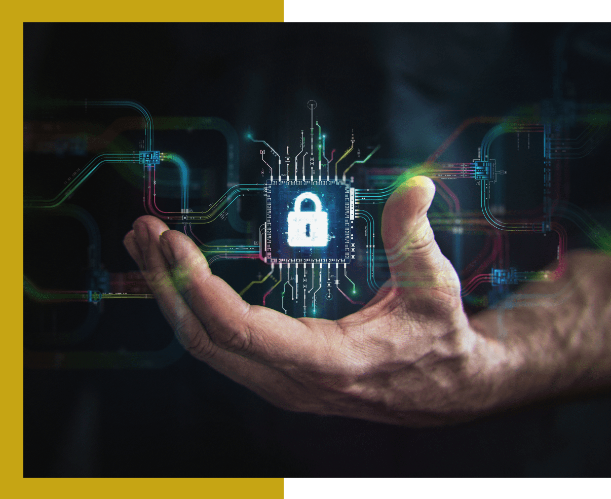 Hand holding digital padlock hologram.