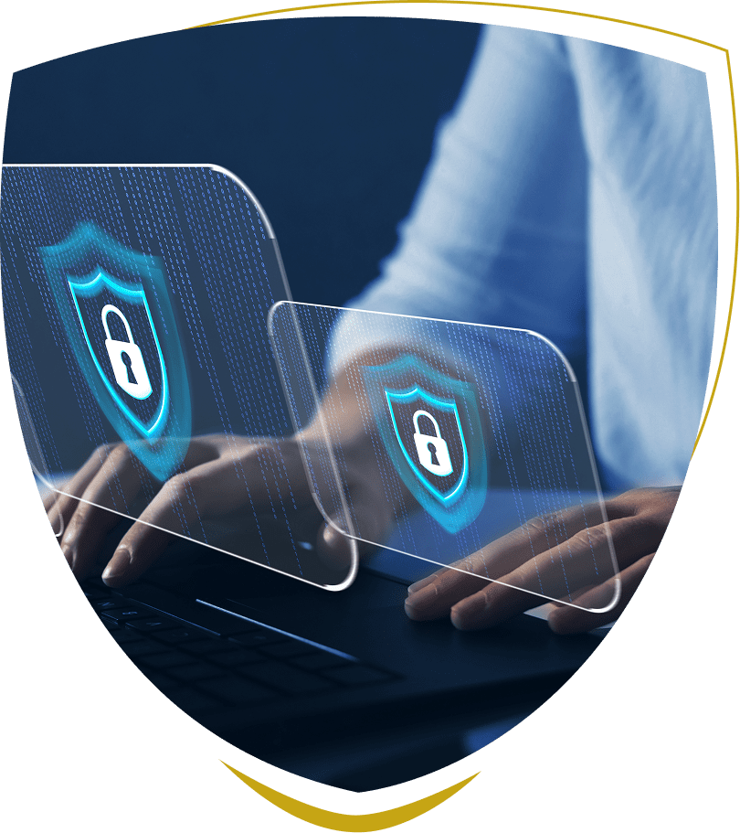 Person typing with digital security icons overlay.