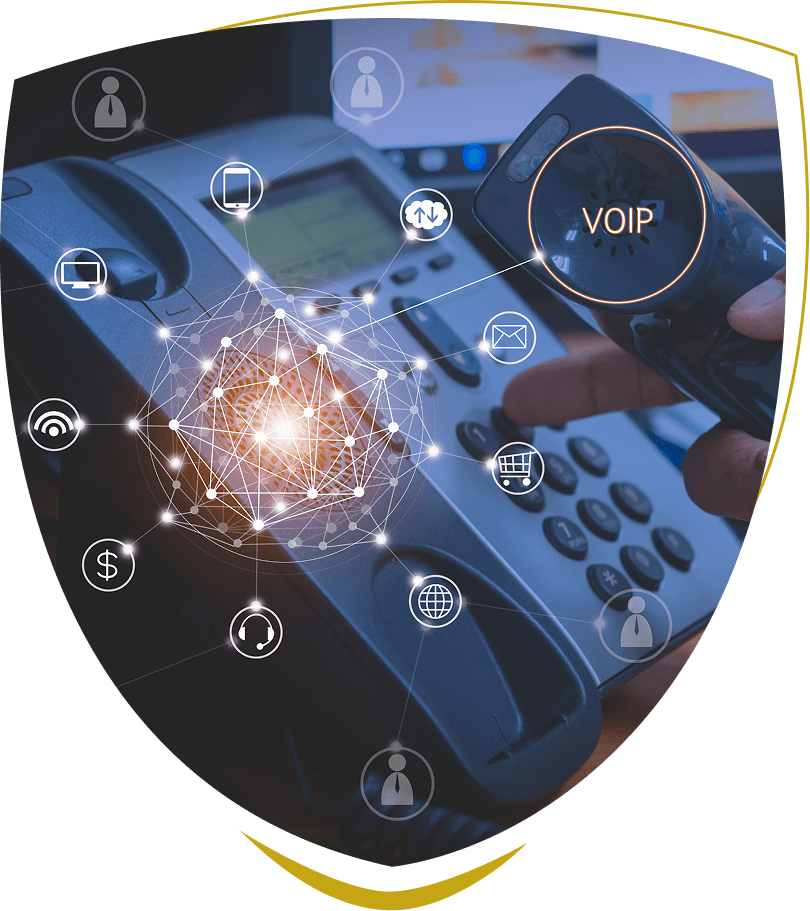 VOIP phone with digital network icons overlay.