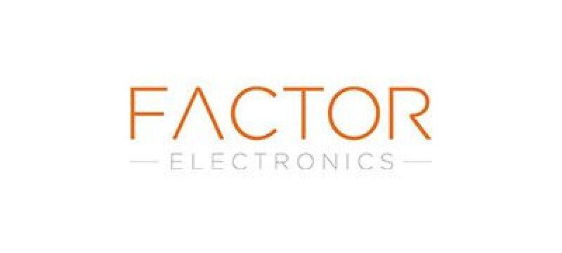 Factor Electronics logo in orange and grey.