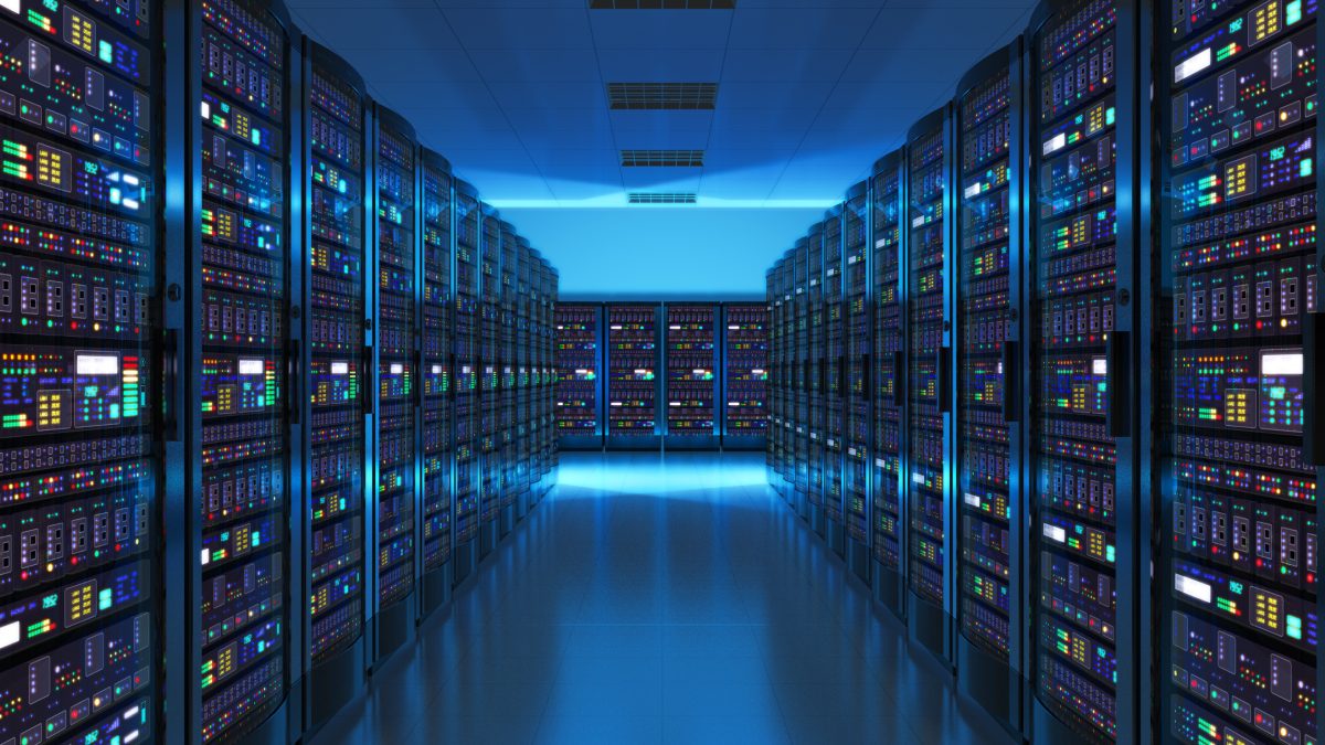 Modern data center with glowing server racks.