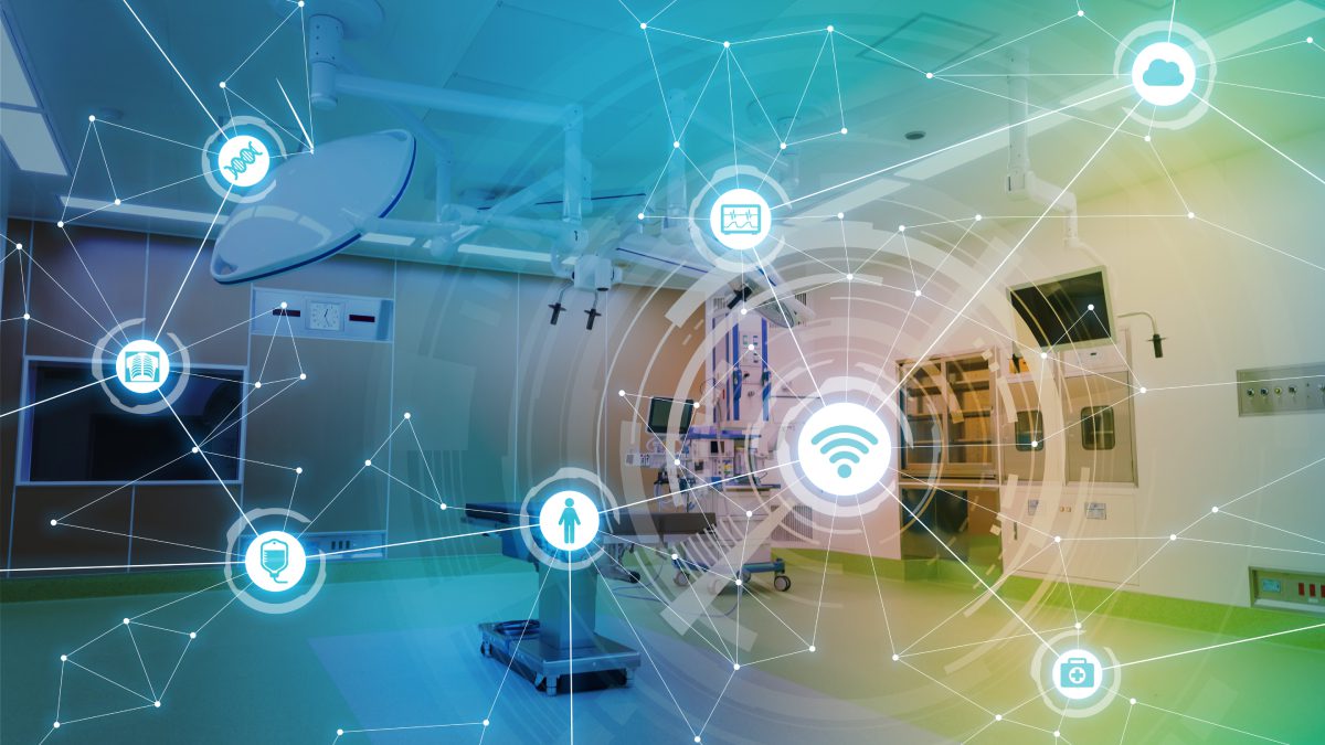 Smart hospital technology with interconnected digital icons.