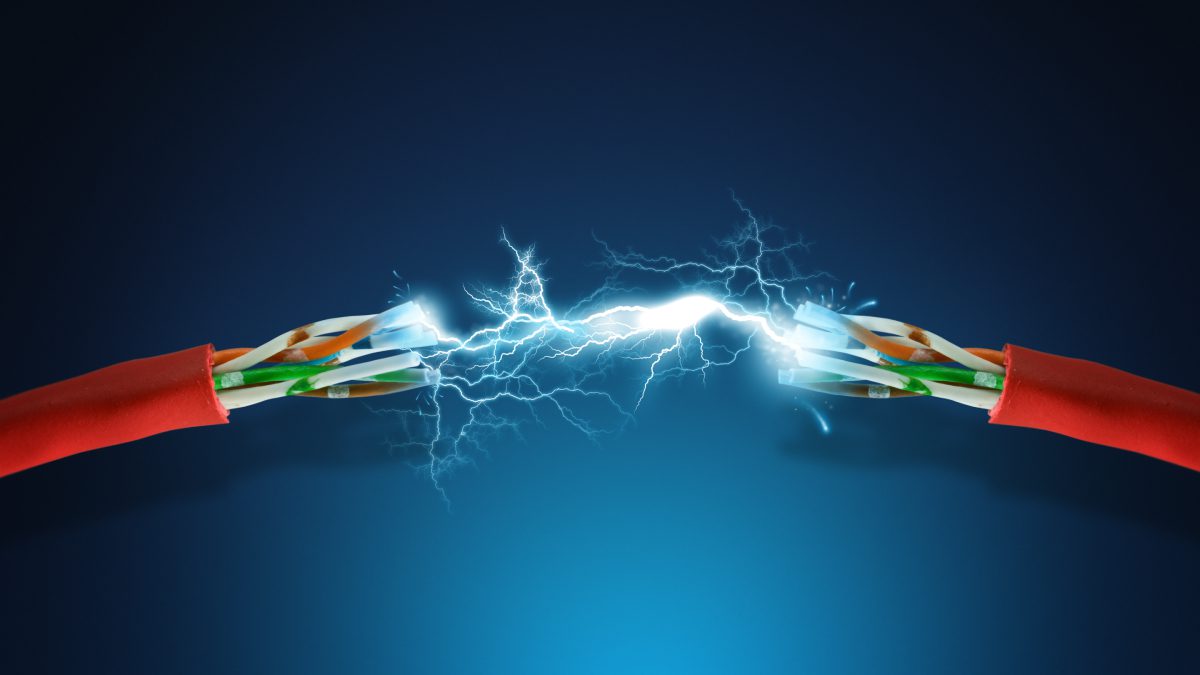 Electricity sparks between two frayed wires.