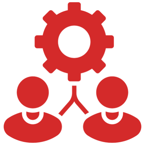 Two figures connected to a gear icon.