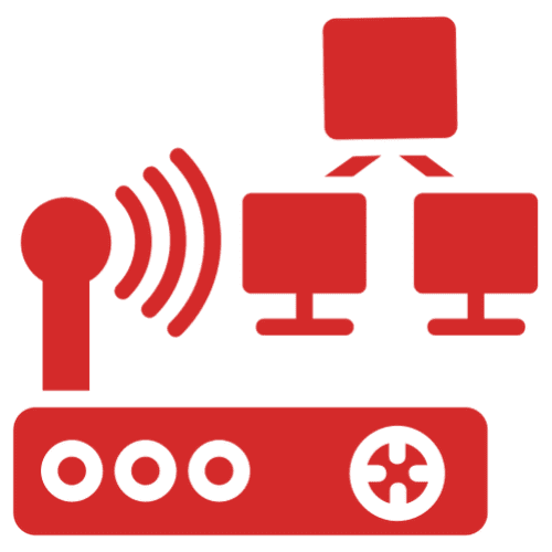 Red wireless network and computer connection icon.