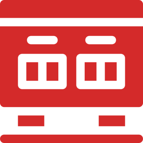 Red and black stylized train icon.