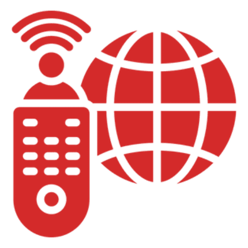 Red remote and globe icon on black.