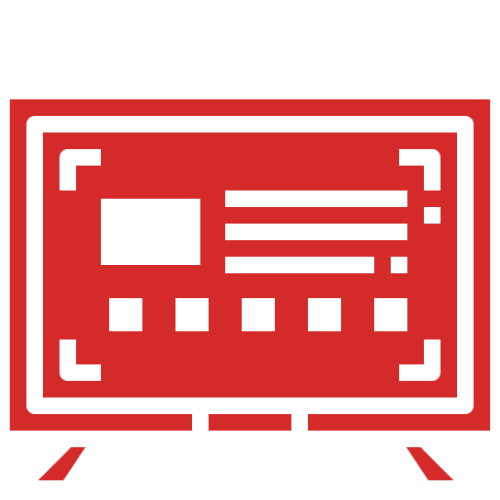 Red computer screen with icons and text.