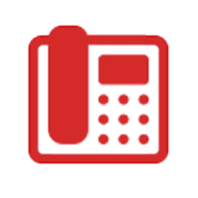 Red telephone icon on black background.