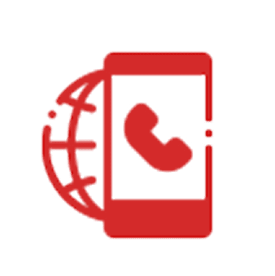Red phone and globe icon on black.