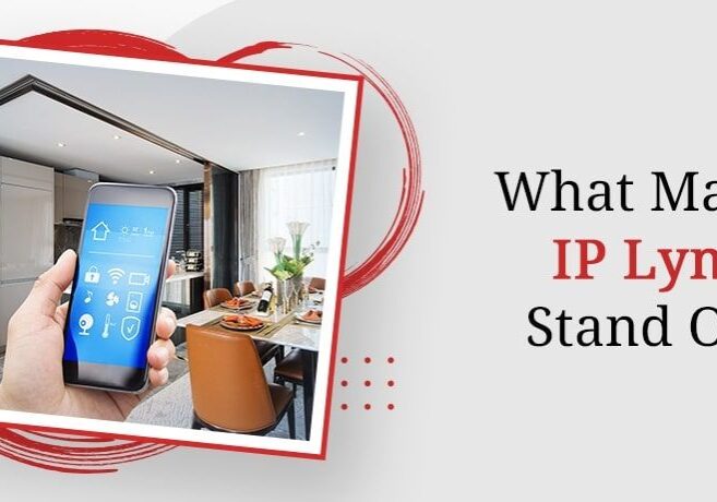 Hand holding phone in modern living room.