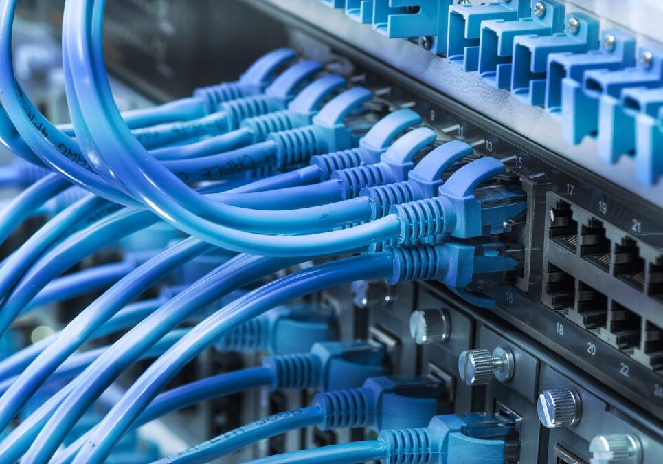 Network cables connected to a server rack.