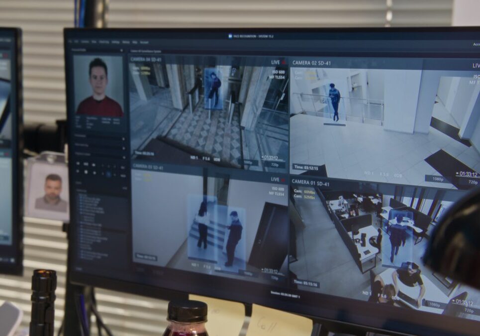 Security surveillance monitors displaying multiple camera feeds.